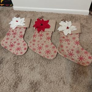 3 Burlap 17" Christmas Poinsettia Stockings